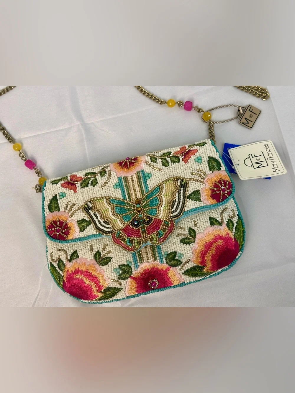 Mary Frances Beaded Butterfly Floral Clutch in Cream, Pink, Teal and Gold